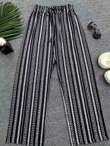 Women's Loose Straight Leg Pants with Vertical Stripes, Casual, Slim Fit, Drawstring, Spring and Autumn Season, Versatile, High-Waisted