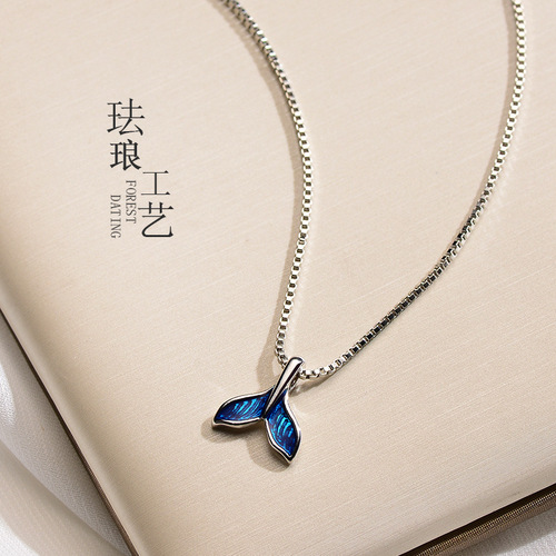 Japanese and Korean Simple Dream Blue Mermaid Tail Titanium Steel Necklace Girl's Forest Style Fashion Creative Internet Celebrity Clavicle Chain Wholesale 