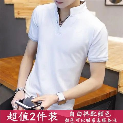 Summer Men's Short Sleeve T-Shirt Trendy Plus Size Stand Collar Polo Shirt V-Neck Half Sleeve T-Shirt Men's Top Underwear
