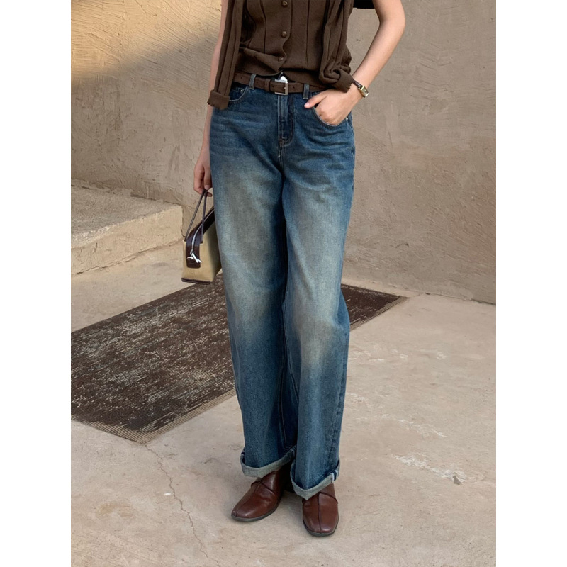 COMOS CMS 2026 Autumn Distressed Washed Denim Pants for Women, High Waist, Relaxed Rolled Hem, Straight Leg Trousers 260205 COMOS CMS 2026 Autumn Distressed Washed Denim Pants for Women, High Waist, Relaxed Rolled Hem, Straight Leg Trousers 260205