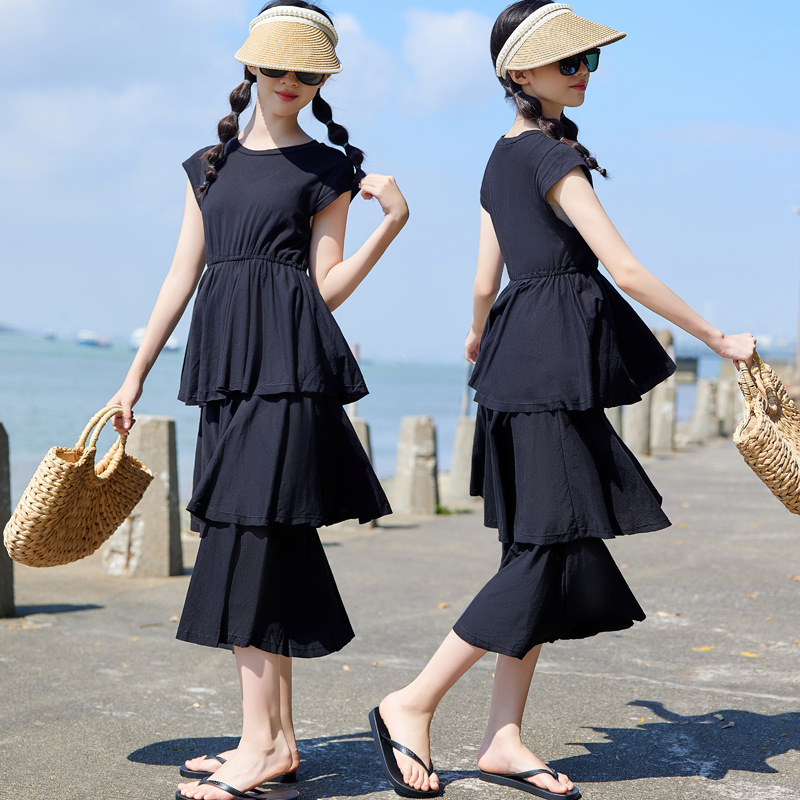 Ropa de estilo japonés para niños vestido negro de verano para niñas 2024 nueva falda de pastel para niños vestido de princesa para niñas de longitud media