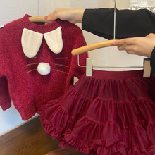 女童套装24新款宝宝冬季红色重工层层网纱tutu裙针保暖织套头毛衣