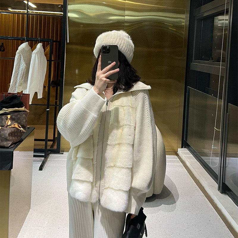 外套质直筒夹气质外套羊绒轻拼接风名媛短款皮草针织奢水貂夹克貂