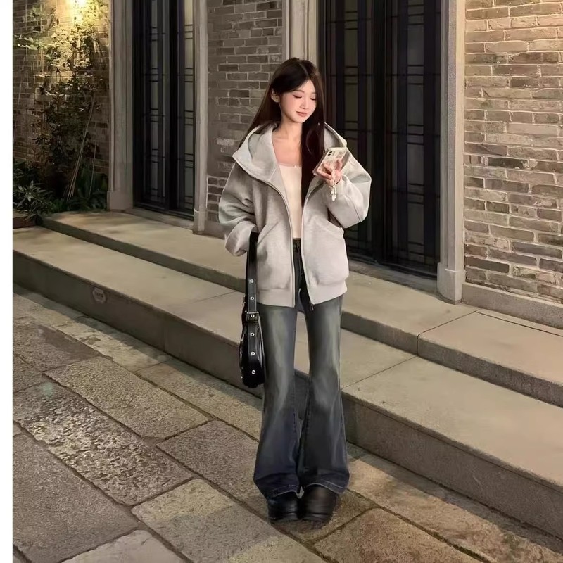 美式复古灰色高领连帽卫衣女宽松oversize慵懒风开衫学院风外套潮|undefined