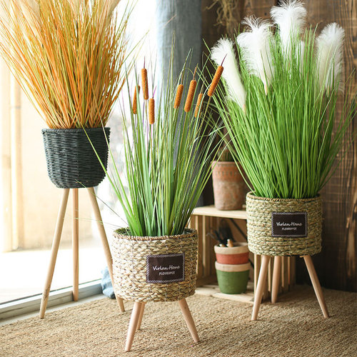 Floor-standing flower stand, straw woven flower basket, rattan woven flower basin, floor decoration, living room balcony, simple pastoral flower vessel