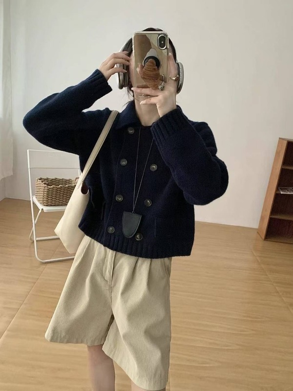 2025新款跨境秋冬新款双排扣假口袋翻领针织开衫毛衣外套女士外套|undefined
