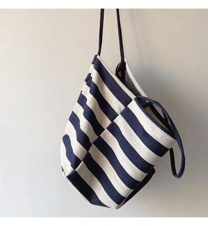 Contrast Stripe Canvas Tote Bag, Large Capacity Shoulder Bag_voghion.com