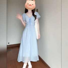法式文艺系带蓝色泡泡袖夏季连衣裙子小个子超仙女收腰显瘦长裙子