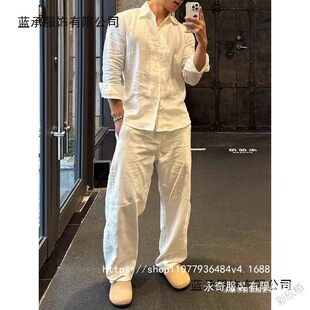 White shirt, autumn set, trousers, cotton and linen, loose fit