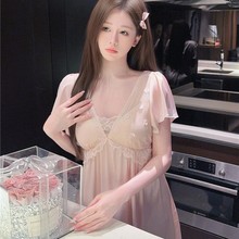 清仓睡衣女春夏法式冰丝加胸垫性感宫廷风气质短袖蕾丝中睡裙