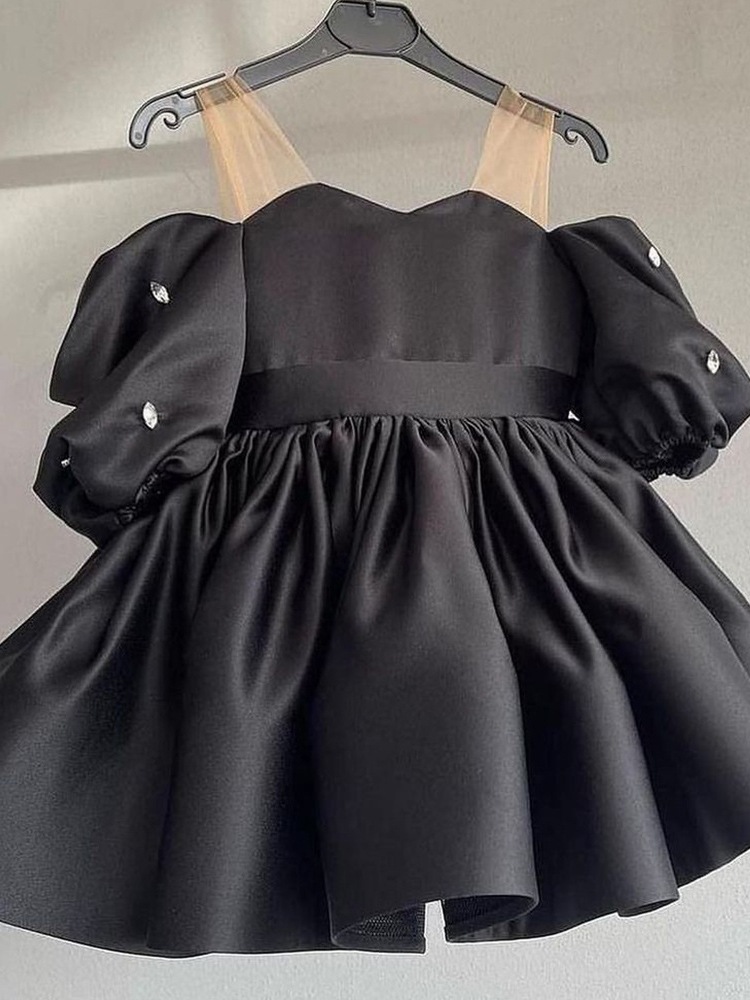 Prinzessinnenkleid für Mädchen, einfarbig, One-Shoulder, Puffärmel, Bühnenkostüm, Weihnachts-Livestream für Babys_voghion.com