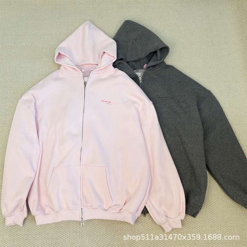 Nanyou high-end AW version: a light pink hoodie with a starry sky silver foil shimmer, featuring a double-zipper design, a loose fit, dropped shoulders, and a hood