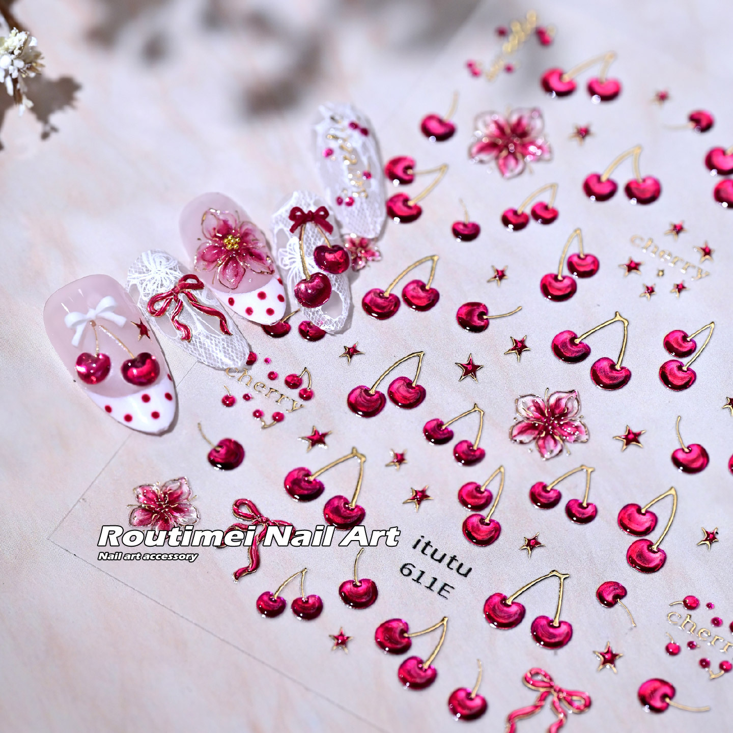 Summer Cherry Dream Fresh Little Flower New Laser Pink 3D Nail Art Stickers Fingertip Fruit DIY Decoration Stickers