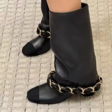 现货小香风金属链子高筒裤管靴女时尚不过膝辣妹长筒靴骑士靴女靴