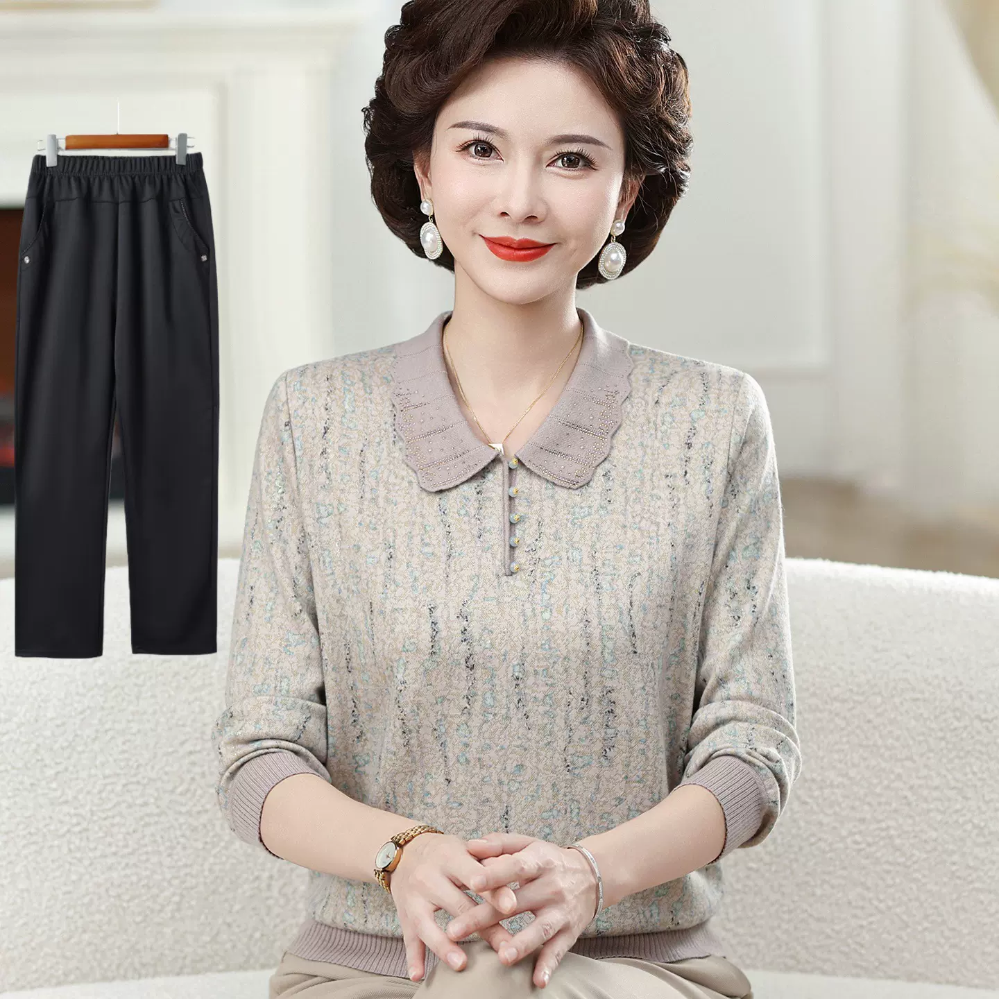 妈妈春装2026新款打底衫翻领上衣中老年女装大码套装洋气五十多岁