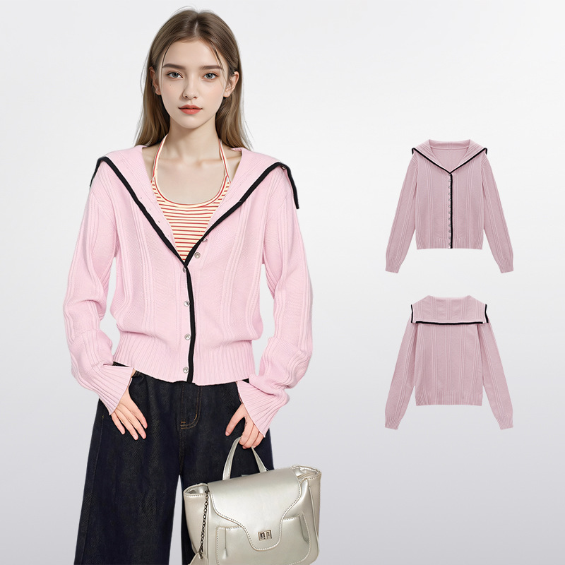 Academy Style Pink Navy Collar V-Neck Knitted Sweater Coat Women's Autumn and Winter Lapel Wool Cardigan Short Top