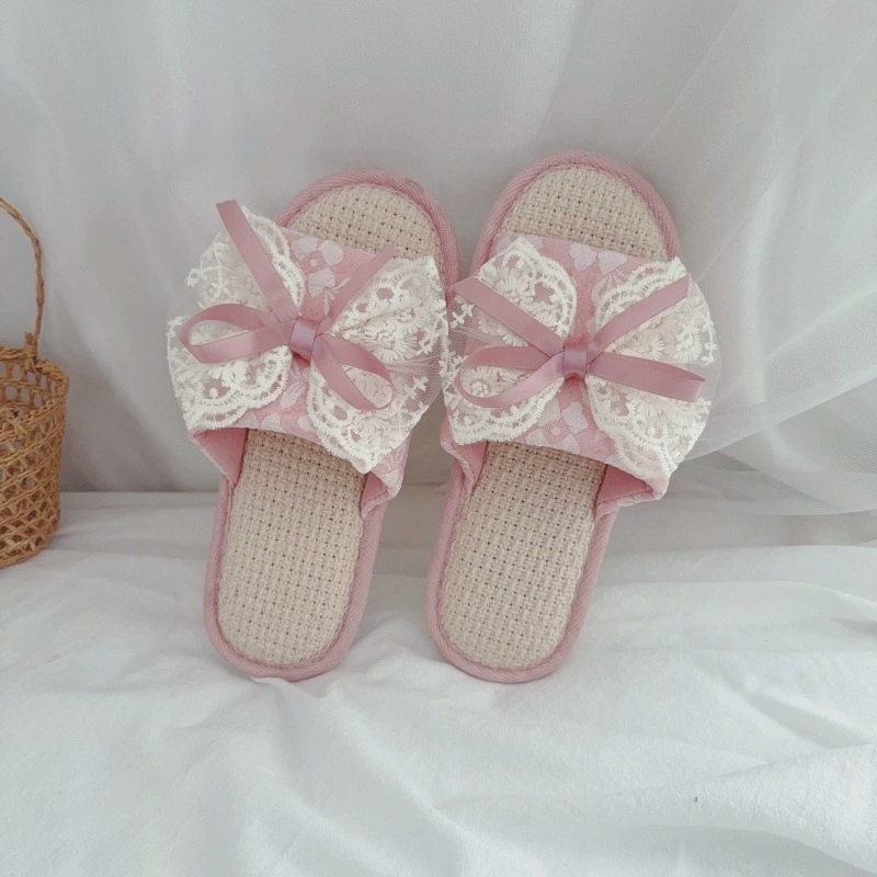Дышащие льняные тапочки, женские весенне-летние кружевные банты, домашние Нескользящие тапочки, верхняя одежда, четыре сезона, хлопковые и льняные тапочки