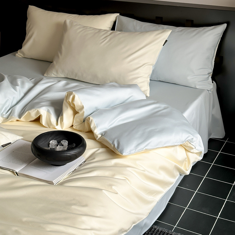 Nordic French Minimalist Retro Light Luxury Nordic 100S Satin Long-staple Four-piece Set, Simple Solid Color Pure Cotton Bed Duvet Cover, Fitted Sh_voghion.com