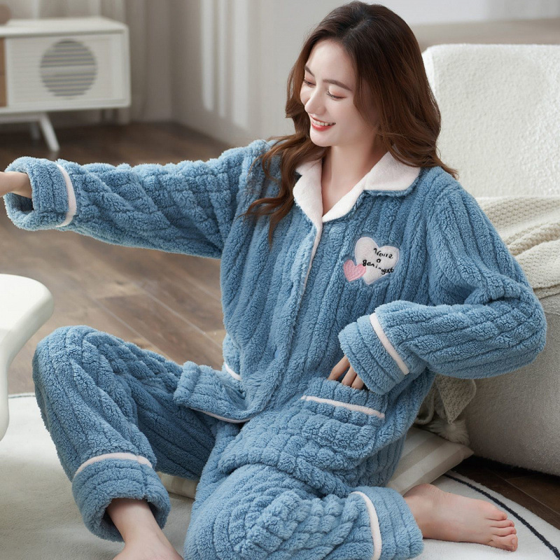 Pajamas Women's Winter Thickened fleece-lined Korean Style plus size Loose Flannel Warm Home Clothes Coral Fleece Sweet Style
