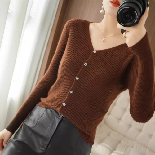 Women's Short V-Neck Cardigan Knit Sweater for Autumn/Winter, Outerwear, Fitted, Drawstring Long-Sleeve Cardigan