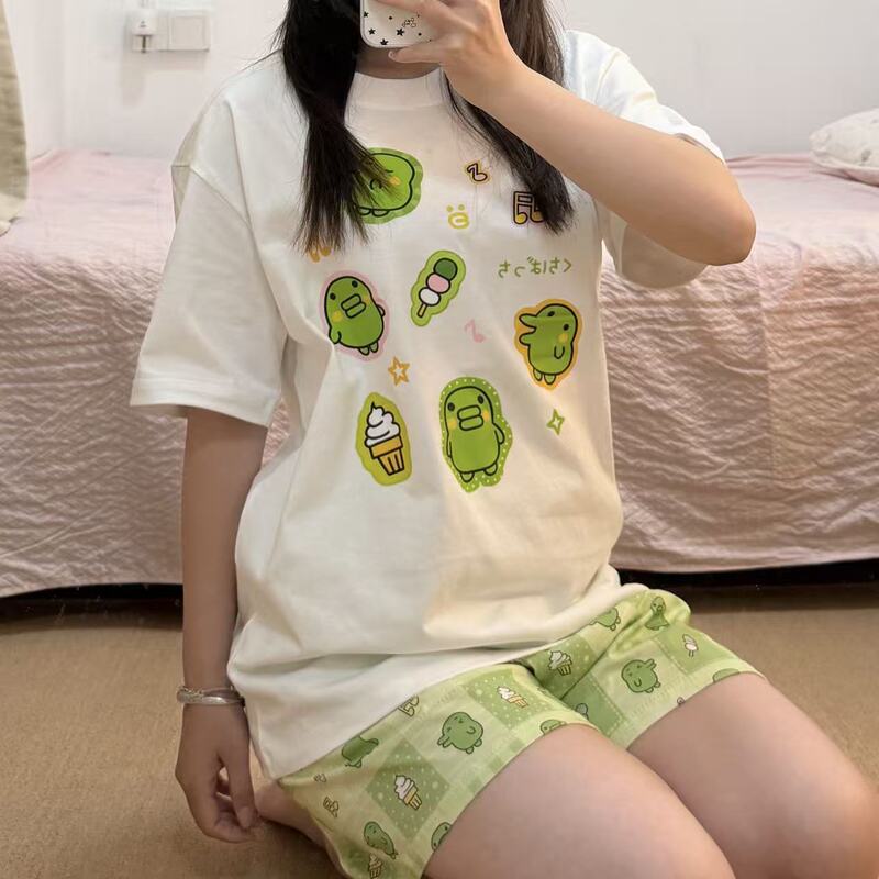 Tamagotchi Green Big-Mouthed Character Short-Sleeve Pajamas for Summer Women, Round Neck Pure Cotton Cartoon Shorts and Long Pants Sleepwear That Can Be Worn Outside