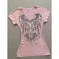 アメリカのレトロなヴィンテージの古着ピンクのvネックの半袖tシャツの女性2025春夏の修身はやせて腰の上着を収めます。