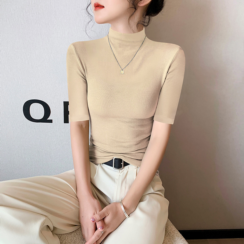 モーダルブラックハーフタートルネック半袖Tシャツ女性用2025春夏アイスシルクミッドカラー半袖ボトムシャツタイトトップ|undefined