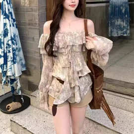 2026夏季新款性感宽松一字肩吊带长袖荷叶边雪纺上衣女