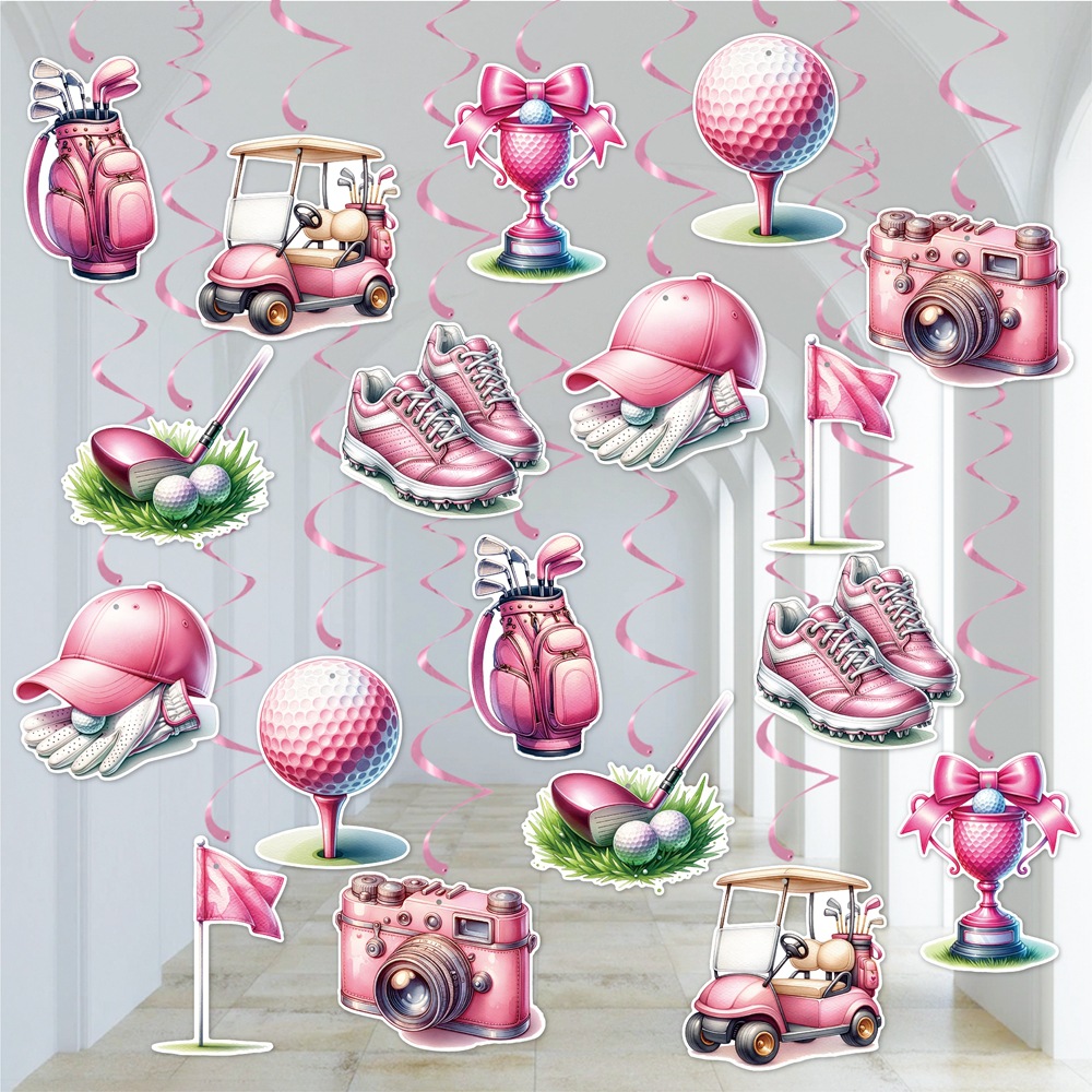 Nuevo tema de golf transfronterizo colgante espiral fiesta de cumpleaños al aire libre colgante de techo de golf rosa