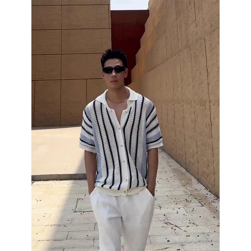 White Striped Contrasting Color Hollow Knitted Short-Sleeved Shirt Men's Summer Handsome Mesh Breathable Outer Casual Wear
