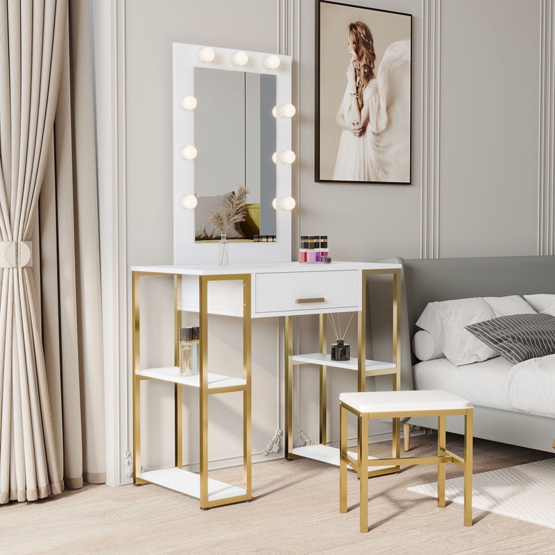 Mesa de maquillaje tocador dormitorio moderno minimalista 2023 nuevo taburete de mesa pequeño con tocador integrado ligero