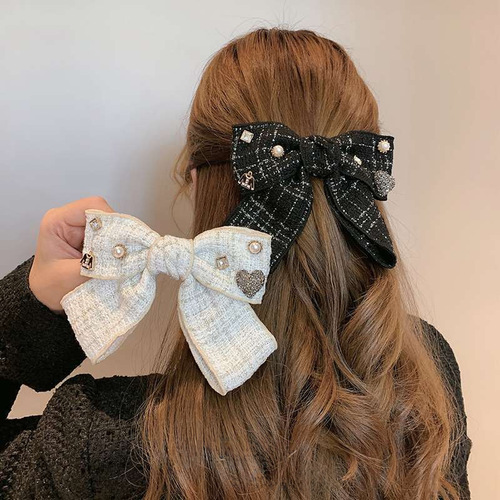 Korean Version Celebrity New Arrival Chanel Style Bow Hair Clip Hair Accessory Autumn/Winter Occasion Hair Pin with Fabric and Diamond Spring Clip