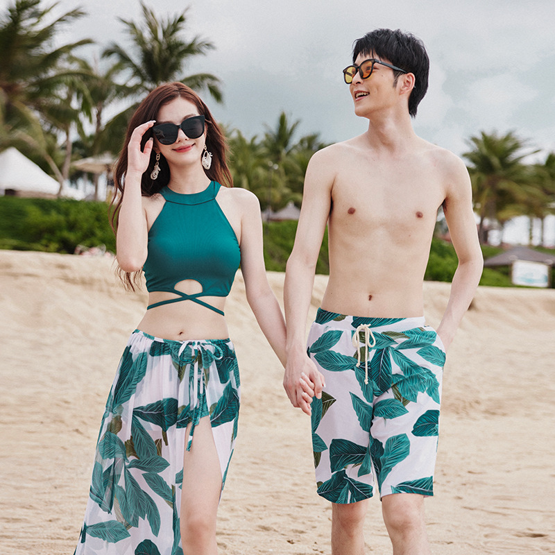해변 휴가를위한 여성용 커플 수영복 3 피스 스플릿 보수적 인 복서 수영복 남성용 비치 바지 공장 직접 판매