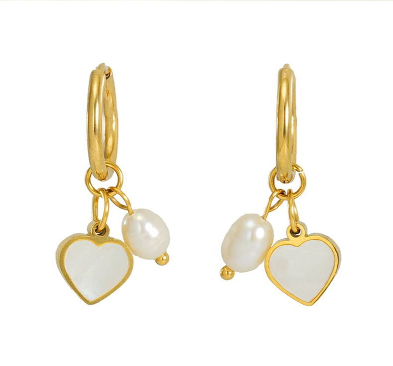 Daily Occasion 304 Stainless Steel Material Fashion Heart Shape Titanium Steel Pearl Plating Drop Earrings 1 Pair