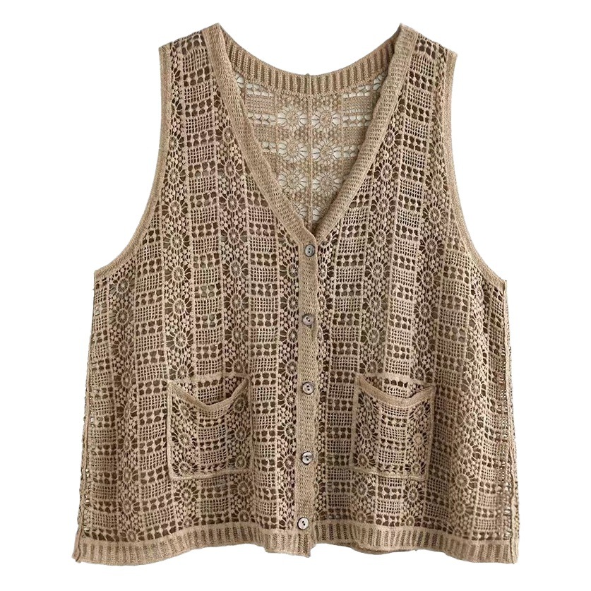 Hollow-out de punto cardigan chaleco verano de las mujeres casual moda artística retro suelta desgaste exterior Polka Dot malla superior chaleco image 1
