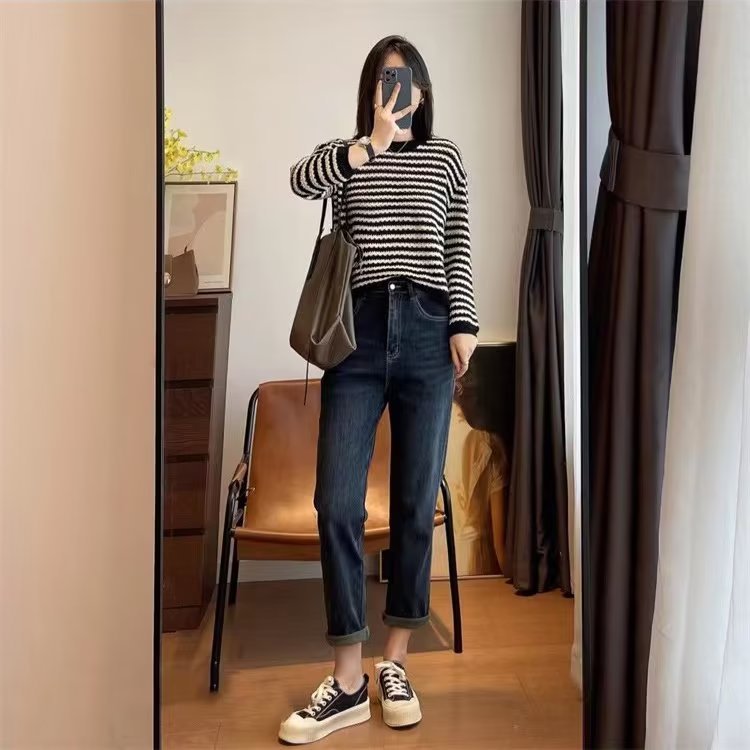 대조적 인 HARLAN JEANS 여성의 2024 년 봄과 가을 새로운 높은 허리 느슨한 슬리밍 작은 플러스 사이즈 탄성 토레 바지