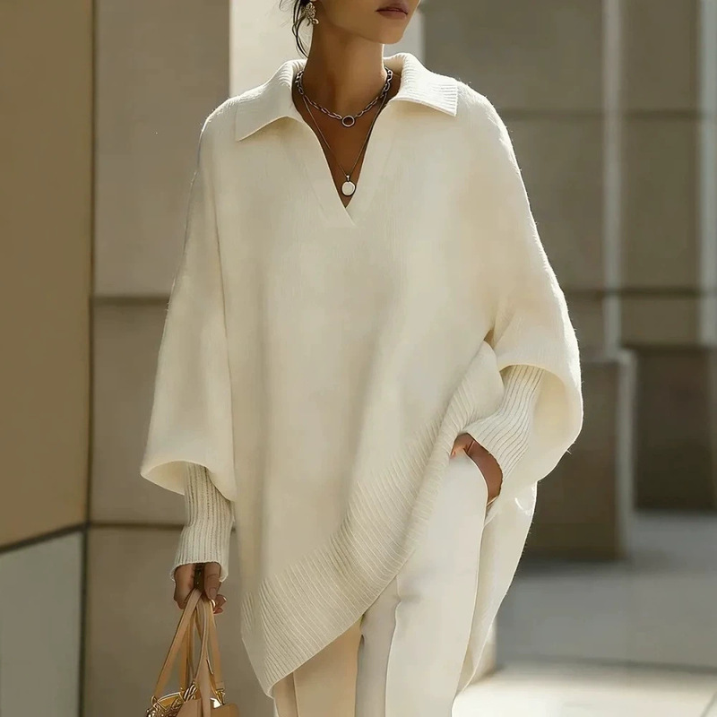 European and American Autumn and Winter New Women's Loose Knit Sweater, Cross-Border Solid Color Plus-Size Mid-Length Sweater Dress with Turn-Down Collar and Lantern Sleeves