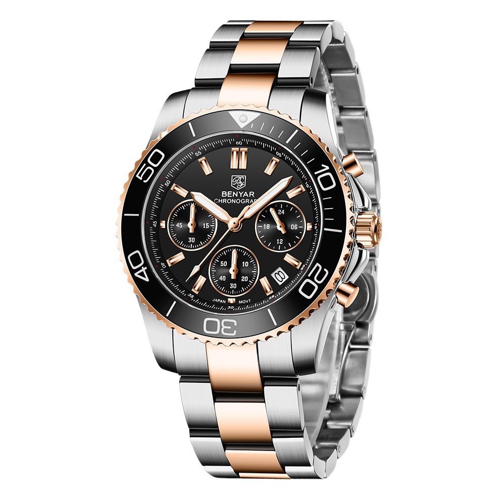 Benyar de los hombres de múltiples funciones cronógrafo calendario luminoso impermeable reloj de acero inoxidable S002