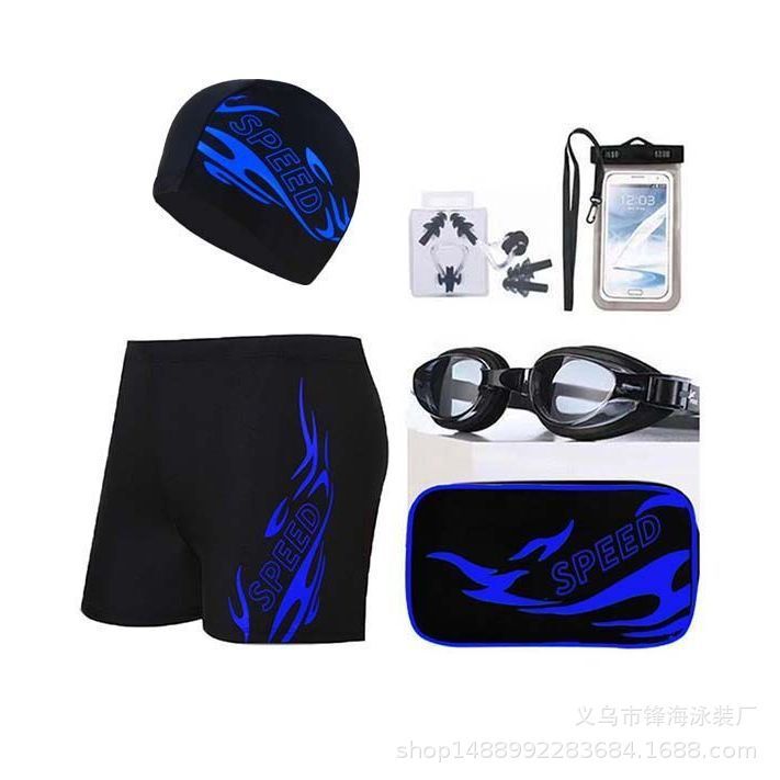 Men's swimming trunks suit boxer hot spring plus size elastic elastic fashion goggles beach swimming cap swimming five-piece suit