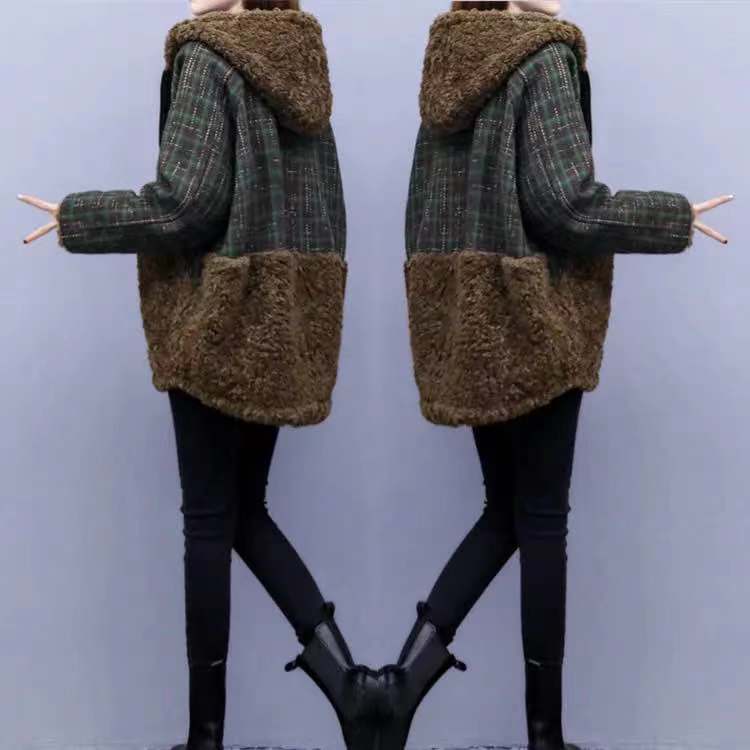 羊羔毛拼接毛呢棉服2022冬装新款连帽加厚呢大衣格子夹棉外套女