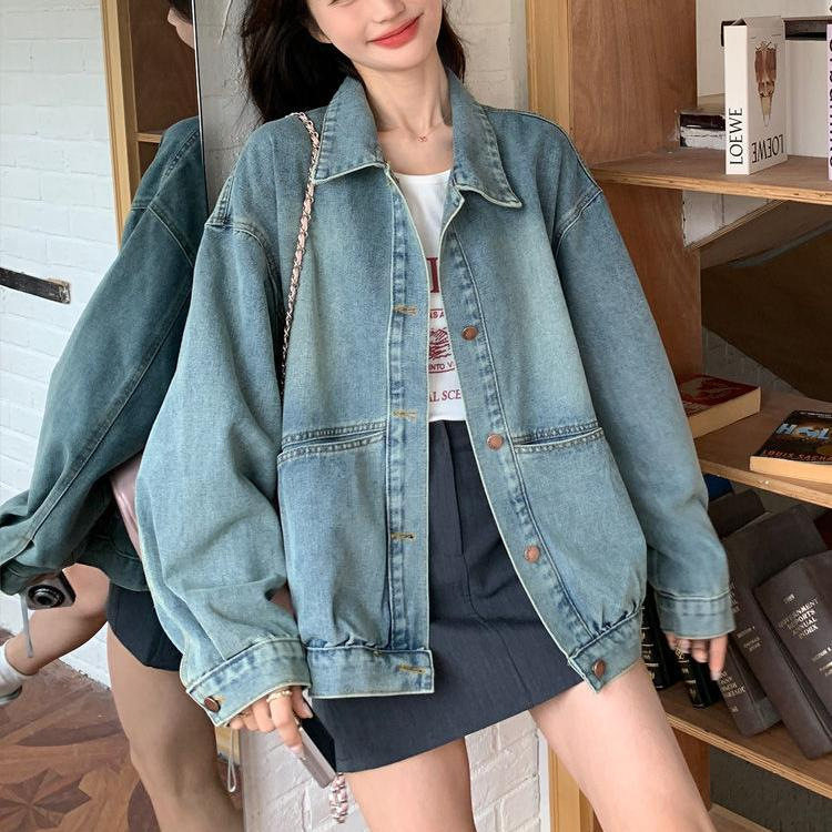 Áo khoác denim nữ dáng rộng phong cách retro, tay dài cổ ve áo — màu xanh denim