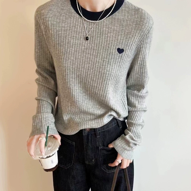 Женский трикотаж из тонкой шерсти с вышивкой в ​​виде сердца, новый женский весенне-осенний пуловер контрастного цвета с круглым вырезом