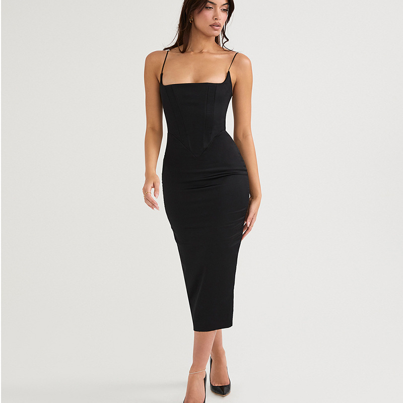 2023年欧美夏季新款性感纯色方领无袖露背吊带开叉露背包臀连衣裙