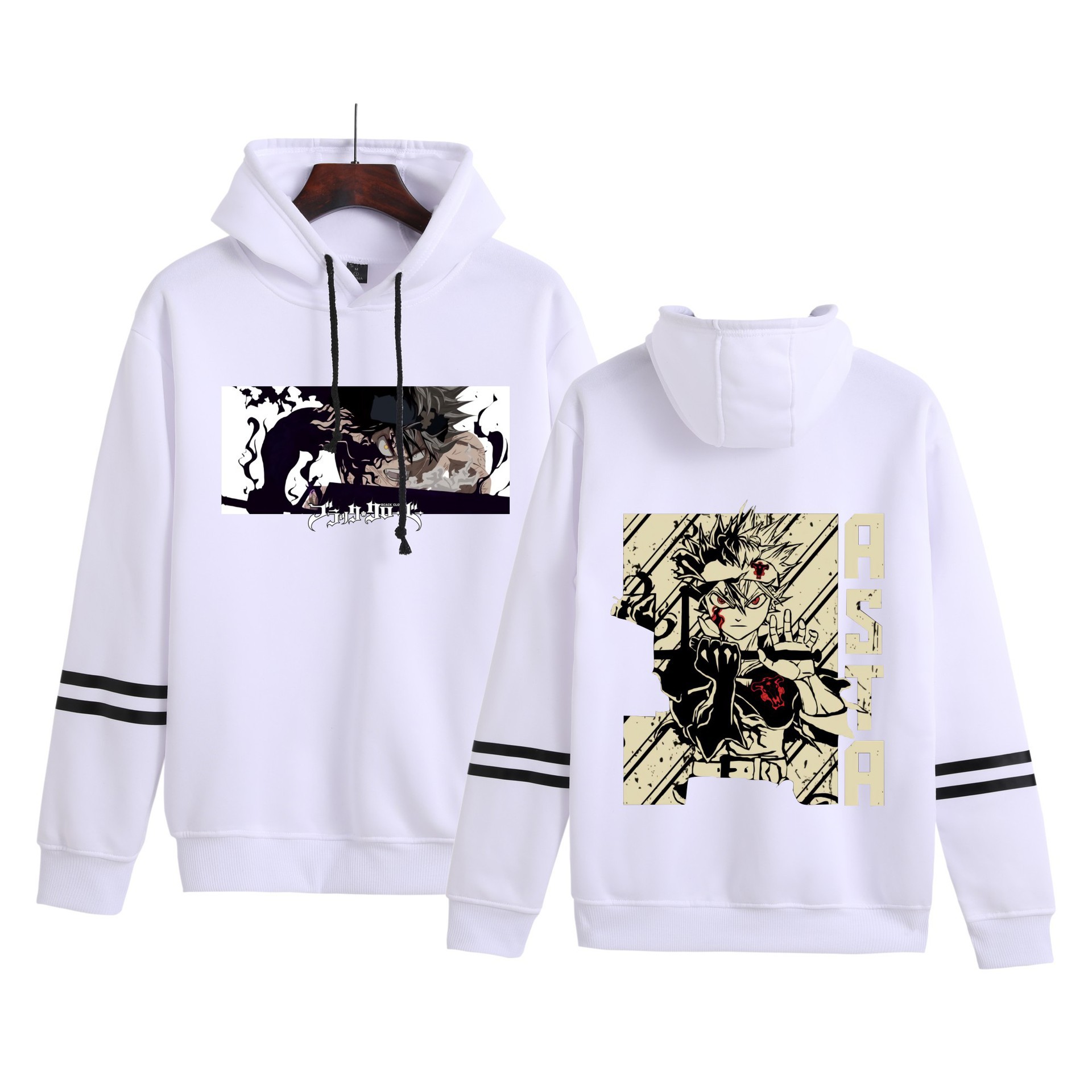 Amazon hombres y mujeres anime trébol negro Black Clover estampado con capucha pareja suéter de barras paralelas