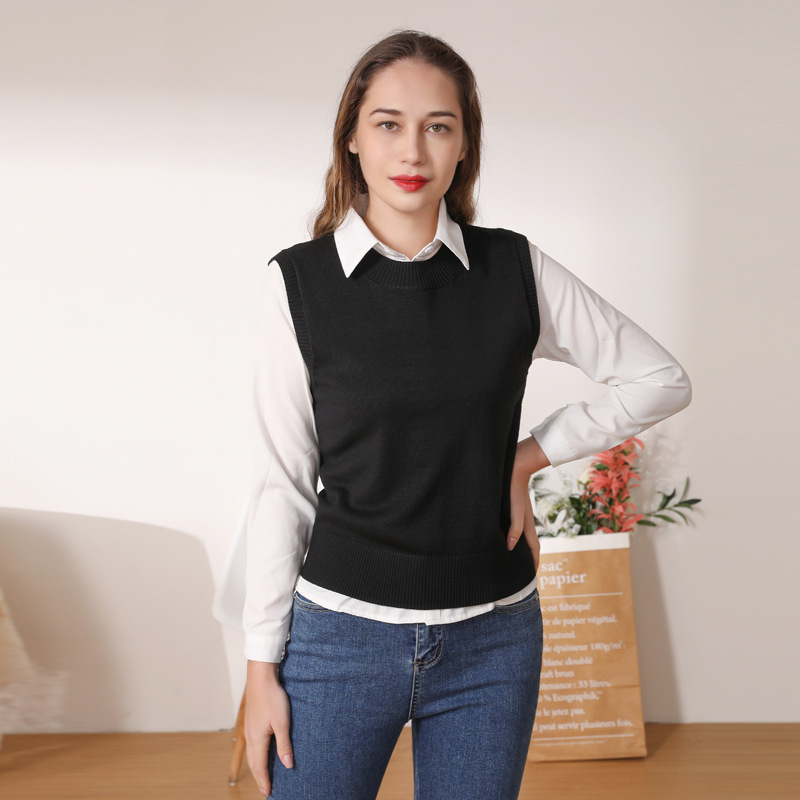 2023 Round Neck European and American New Style Cotton-padded Jacket Solid Color Women's Knitted Vest Sleeveless Spring and Autumn Sweater Vest Women's Clothing