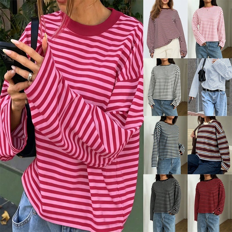 2026 Amazon New Striped Long Sleeve T-Shirt Women's Loose Round Neck Color Block Base Shirt Spring and Autumn Casual Top