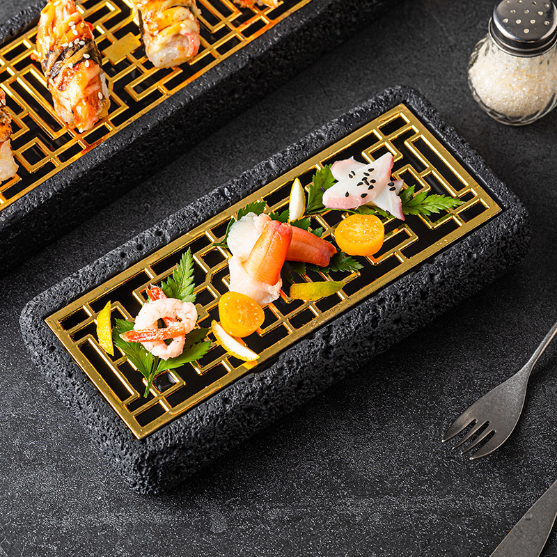 창조적 인 일본 접시 긴 광장 스시 플레이트 레스토랑 고급 돌 패턴 분자 요리 드라이 아이스 예술적 개념 식기 서양식 접시