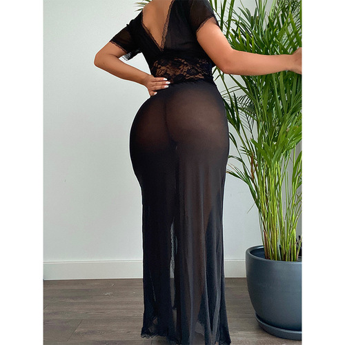 Women's perspective split nightdress lace mesh pajamas uniform underwear set Sexy prom queen