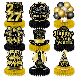 黑金2027蜂窝摆台新年快乐派对桌面装饰用品场景布置新年蜂窝摆件