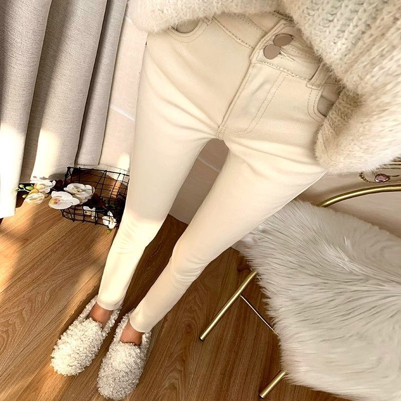 Trendy Off-White High-Waisted Fleece-Lined Thickened Women's Jeans Winter Warm Slim Fit Skinny Bootcut Pants Trendy